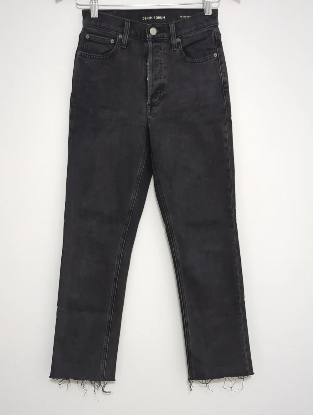 Denim Forum Arlo Jeans High Rise Straight Washed Black Frayed Hem Size 24 - Picture 2 of 8